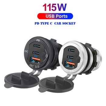 12V / 24V USB autós töltő aljzat PD3.0 és QC3.0 C típusú portok Vízálló LED érintőkapcsolóval 115W gyorstöltő autó Moto adapter