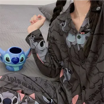 Stitch pizsama anime rajzfilm Kawaii tiszta pamut tréningruha kényelmes melegen tartás Női kétrészes szett Home Outdoor 2023 Új