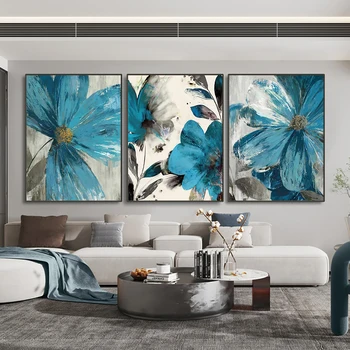 Absztrakt falfestmény Vintage kék festék Virágok vászonfestés Virágzó csendélet poszter és nyomatok Falfestmény kép Nincs keret