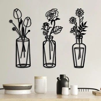 Fém virág váza fali medál díszek virágos növény minimalista váza művészet fekete kovácsoltvas dekoráció a nappaliban Otthoni dekoráció