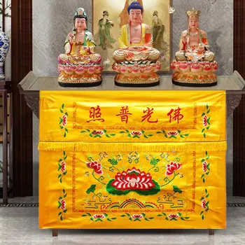 Nagykereskedelem Buddhista termék 100CM Buddhizmus KEZDŐLAP Templom dekoráció Imádat Buddha hímzés Oltárasztal burkolat Függő függöny