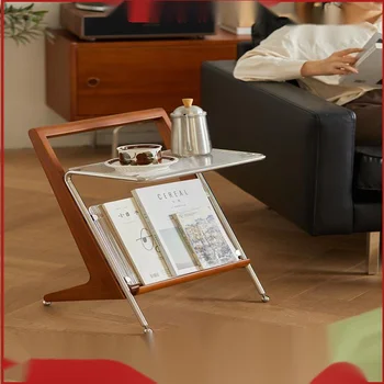 Retro tömörfa szegély Néhány Vásárlás Keret Mozgatható Nordic Nappali Kanapé Üveg Kis négyzet alakú asztal Hálószoba sarok Néhány