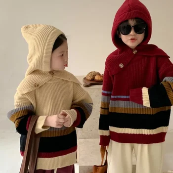 Gyermek pulóver 2023 Téli fiúk és lányok Koreai stílusú sűrített kendős pulóver hajtóka alkalmi meleg gyerekek alkalmi kapucnis kötött felső