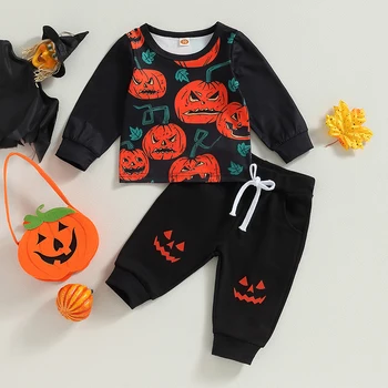 2023-07-04 Lioraitiin 0-3 éves kisgyermek fiúk 2db Halloween ruhák Gonosz tök mintás hosszú ujjú pulóverek Hosszú nadrág