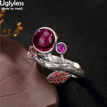 Uglyless Real 990 Ezüst ékszerek Kézzel készített gravírozott gyűrű Élethű áglevelek Virágok Nyitott gyűrűk Nők Természetes kalcedon gyűrű