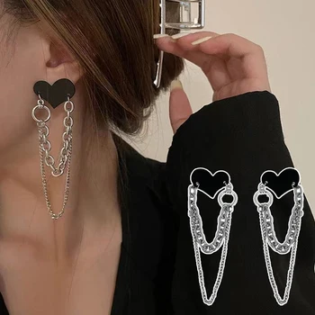 Vintage fekete szív alakú fülbevaló 2023 Új divatos hosszú lánc egyszerű személyiség Hi-Hop Cool Girl fülbevaló napi kiegészítők