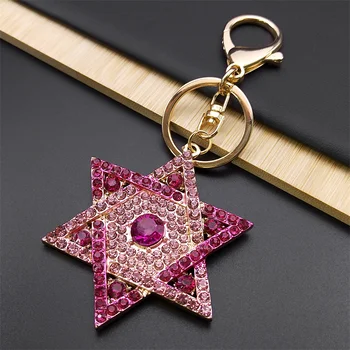Hexagram Dávid csillaga Áldás kulcstartó nőknek Férfiak rózsaszín strassz arany színű zsidó kulcstartók ékszerek chaveiro K9646S01