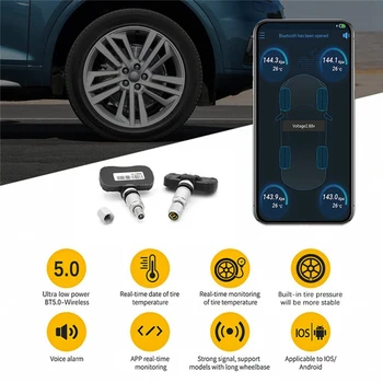 Autó TPMS gumiabroncsnyomás-figyelő BT 5.0 Bluetooth gumiabroncsnyomás-figyelő rendszer Android / IOS rendszerhez