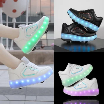 Töltő vaku Cipők fiúknak Lányok Felnőtt kétsoros görkorcsolya Levehető kétkerekű FŰZŐK kapcsoló LED világítócipők Játékok ajándék
