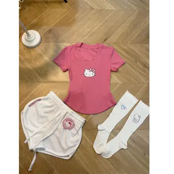 Hello Kitty női nyári alkalmi otthoni nadrág felsőruházat öltöny rajzfilm póló+sportnadrág laza nyári ruhák édes pólók