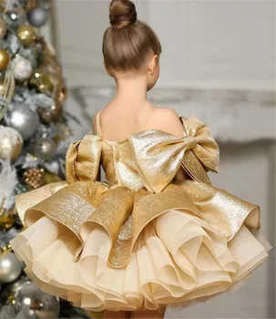 Új arany Organza szatén Kis hercegnő születésnapi ünnepi parti ruha Virág lány ruha esküvőre nagy masnikkal