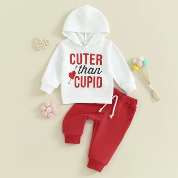 Baby 2 részes aranyos ruha Valentin-napi levélnyomtatás Hosszú ujjú kapucnis pulóver felsők Rugalmas nadrág szett Gyermek szettek