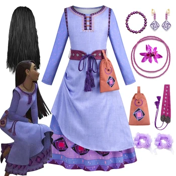 Disney hercegnő Asha jelmez lányok kívánsága Fancy Dress Up gyerekfilm Asha Cosplay Bell Bag 3db ruhák Halloween karácsonyi party