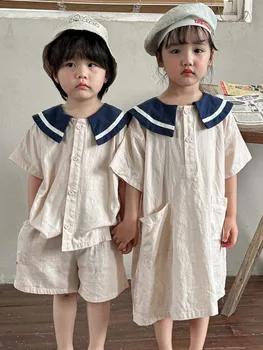 Gyermek nyári szett Akadémia stílusú fiú és lány rövid ujjú 2023 Új haditengerészeti babaruha testvérek