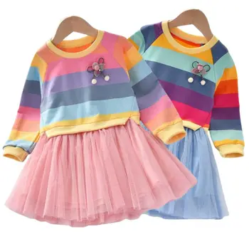Kislányok ruhája hercegnő őszi pulóver gyapjú géz Tutu ruhák Gyermek ruházat hosszú ujjú szivárvány csíkok ruha lányoknak