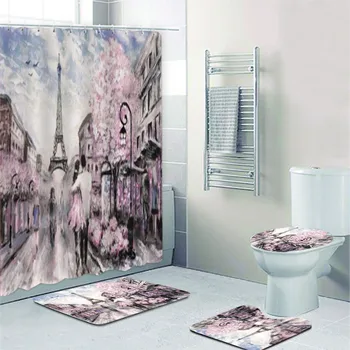 Modern művészet Pár a párizsi toronnyal Big Ben zuhanyfüggöny szett London Street Tájkép Olajfestmény Fürdőszoba függönyszőnyegek dekoráció