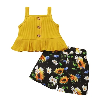 2PCS Gyermek lány nyári ruha szett Sárga gomb Bordázott Slip Top+Virágos rövidnadrág Divat Holiday Beach Ruha gyerekeknek 1-6 éves korig