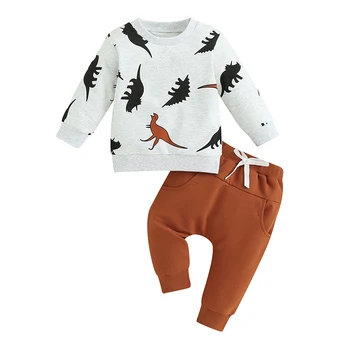 Kisfiú 2 részes ruhák dinoszaurusz mintás hosszú ujjú pulóver és rugalmas nadrág kisgyermek őszi ruhákhoz