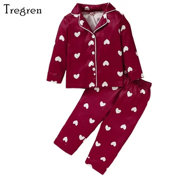 Tregren 1-5Y Kislány pizsama szett kisgyermek szatén szív mintás hajtóka gallér ing rugalmas deréknadrág 2db szett gyerek loungwear