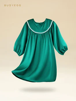 Luxus zöld egyszínű természetes selyem lányok hálóinge gyerekeknek igazi selyem hálóruha nyári otthoni ruha csipke ruházat lányoknak