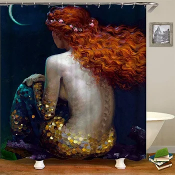 Gyönyörű sellő zuhanyfüggöny, medúza szövet Fürdőszoba függöny szett horgokkal Tengeri óceáni állatok Fürdőszoba dekoráció Mosható
