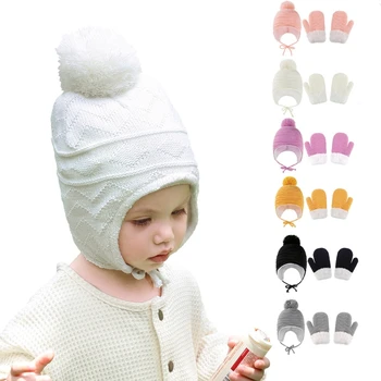 Téli meleg baba egyszínű fülbevaló kalap kesztyű készlet szőrme golyós sapka kesztyű kisgyermek kötött kalaphoz
