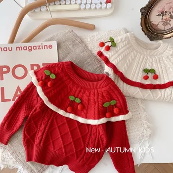 Totyogó lányok Cseresznye kötött 0-5 éves Ősz lány Aranyos pulóver Gyerekek Cardigan Kötött pulóver Gyerek ruhák Lányok