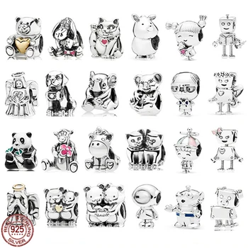 Divat ezüst sorozatú gyöngyök 925 sterling ezüst aranyos fiú robot panda gyöngyök illik az eredeti Pandora karkötőhöz DIY gyönyörű ajándék