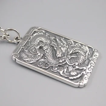 Pure 925 Sterling ezüst medál Bless Lucky faragott sárkány mantra hosszúkás négyzet alakú medál férfiaknak ajándék 56 * 30mm