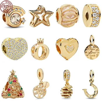 Új arany sorozat 925 sterling ezüst klasszikus karácsonyfa csillag medál illik az eredeti Pandora karkötőhöz DIY ékszer ajándék