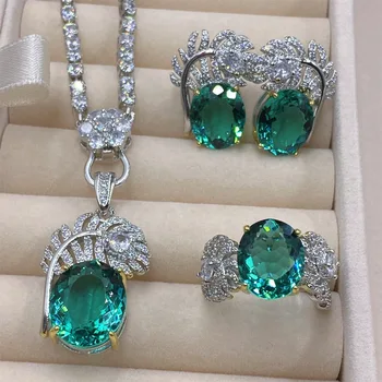 New Sterling 925 Silver Lab Emerald Shiny cirkon menyasszonyi ékszer szettek nőknek Noble vintage ovális drágakő gyűrű fülbevaló nyaklánc
