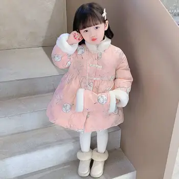 Lányok pamut kabát Téli új ruhák Divat Édes Laza Kínai Klasszikus stílusú béka táskával Szép gyermek vastag parka