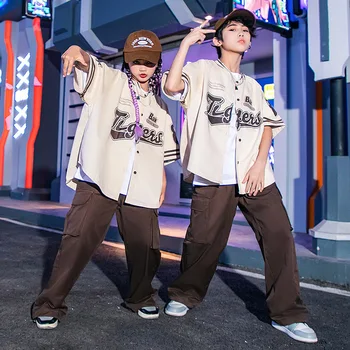 Gyermek Streetwear Hip Hop szettek Baseball rövid ujjú ing Pant táncruhák Gyerekek tizenéves fiúk lányok inge Cargo nadrág