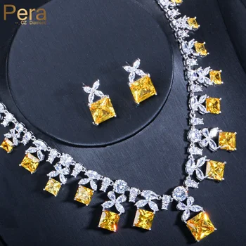 Pera Classic négyzet alakú vágású sárga köbös cirkónium choker nyaklánc és fülbevaló nőknek jelmez esküvői zsúr ékszer szettek J278