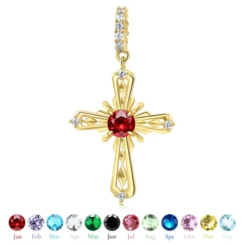 KATAOKA 925 Sterling Silver Twelve Birthday Stone Color Golden Cross Shines Bead Charms for Women Jewelry DIY Making Karkötő