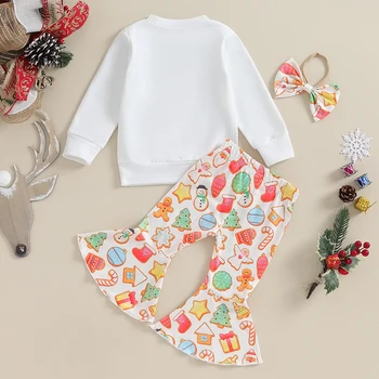 Kislány karácsonyi ruha szett levél nyomtatás hosszú ujjú pulóver Top rajzfilm nyomtatás Flare nadrág 2DB karácsonyi ruha