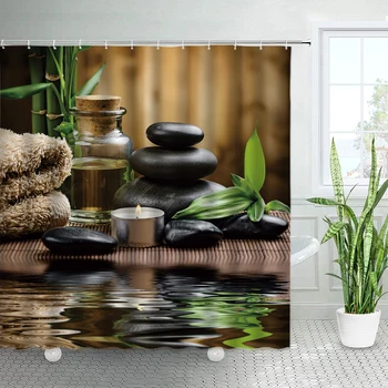 Zen zöld bambusz zuhanyfüggönyök Fekete kövek és gyógyfürdő Japán kert Táj Fürdő függöny Poliészter szövet Fürdőszoba dekoráció készletek