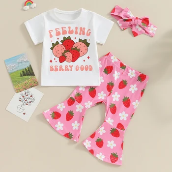 Toddler Baby Girl Strawberry Outfit rövid ujjú levélmintás póló Flare nadrággal 3Db nyári ruha