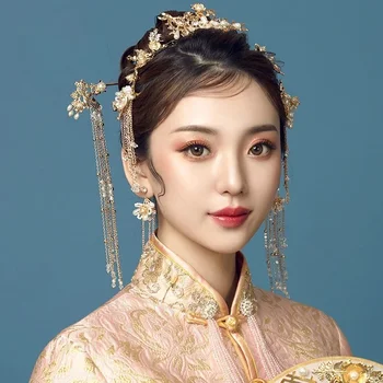 Új divat nők esküvői vintage menyasszonyi haj kiegészítők Esküvői koronák Hagyományos kínai hajtű arany hajfésű dekoráció