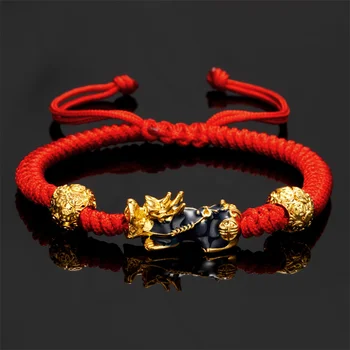 Feng Shui Wealth Gold Color Pixiu karkötők nőknek Férfiak kézzel szőtt piros fekete kötél Kínai stílusú karkötő Sok szerencsét ékszerek