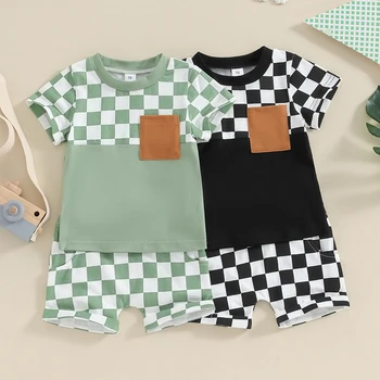 2023-11-04 Lioraitiin kisgyermek fiú nyári ruha kockás mintás rövid ujjú póló rugalmas deréknadrággal 2db ruha