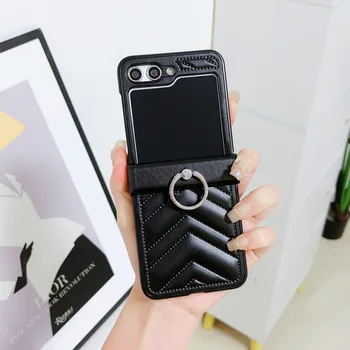 PU bőr gyűrűs telefontok Samsung Galaxy Z Flip 5 4 3 Flip5 Flip4 Flip3 5G kemény héjú ütésálló védőburkolathoz