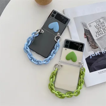 3D Love Heart átlátszó telefontok lánccal Samsung Galaxy ZFlip 4 3 kemény borítóhoz ZFlip3 Zflip4 tömör héjú konzolhoz